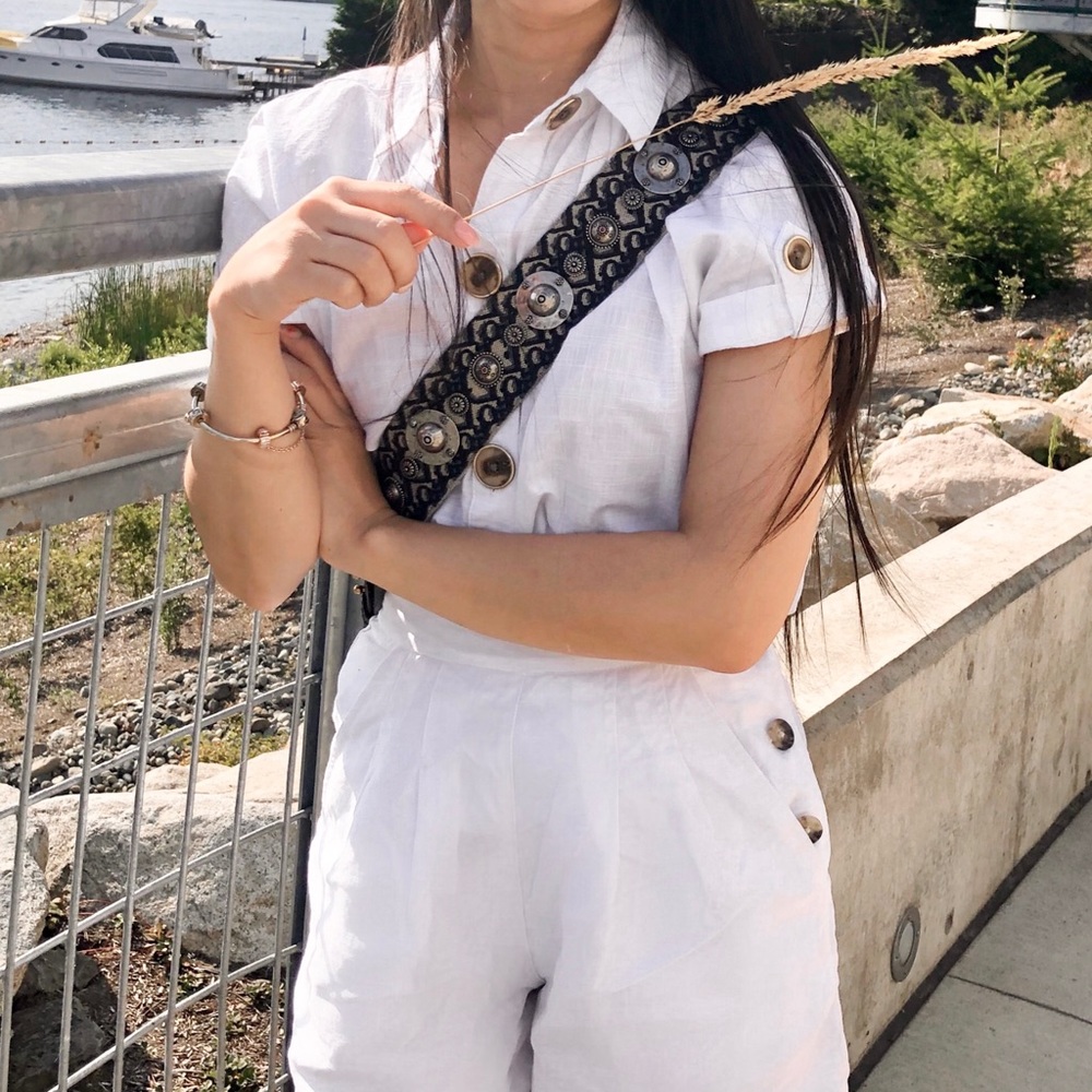 White button up short sleeve blouse with tie